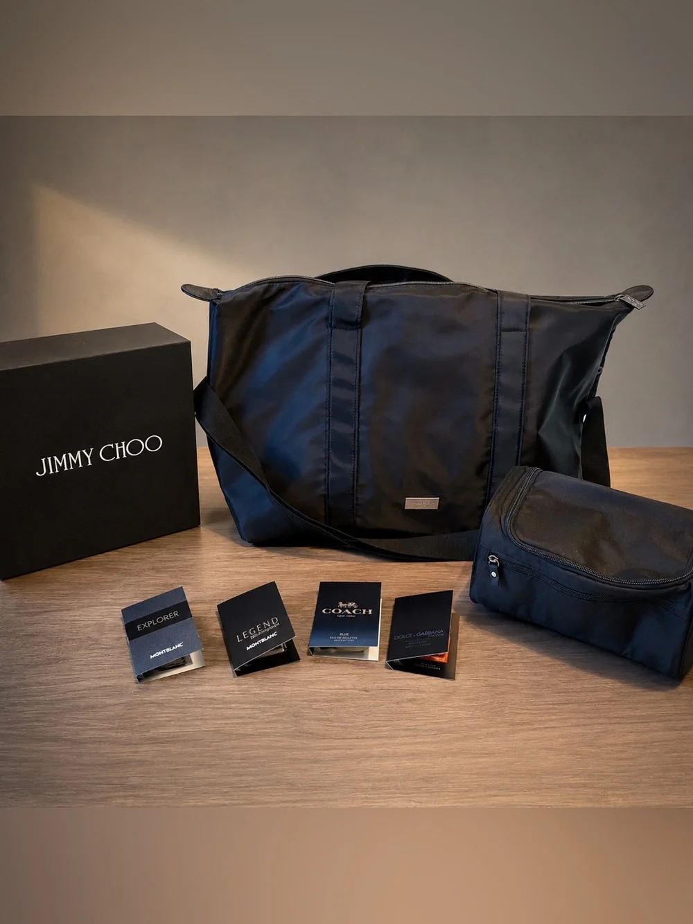 Jimmy Choo Black Nylon Weekend Bag and Samples